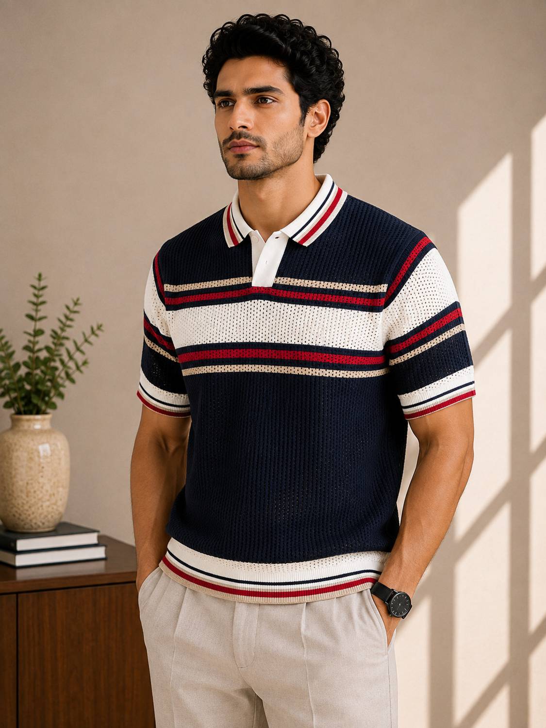 Striped Polo Neck Navy Blue T-Shirt - image 1