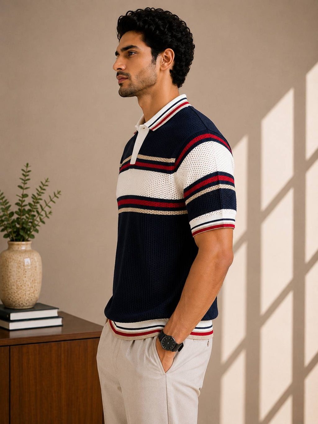 Striped Polo Neck Navy Blue T-Shirt - image 3