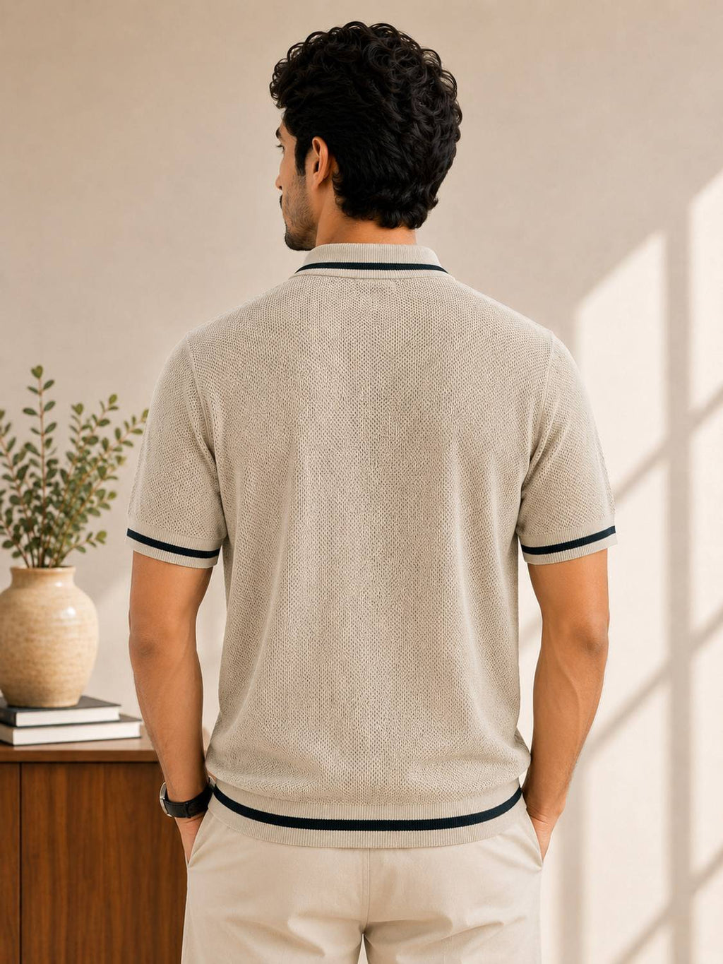 Typography Polo Neck Beige T-Shirt - image 2