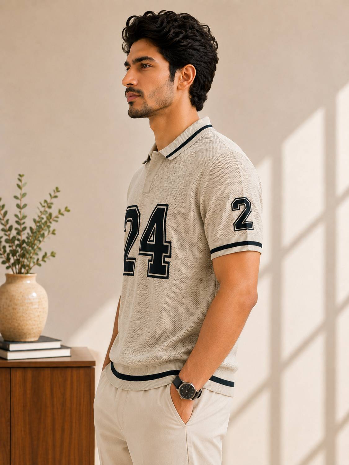 Typography Polo Neck Beige T-Shirt - image 3
