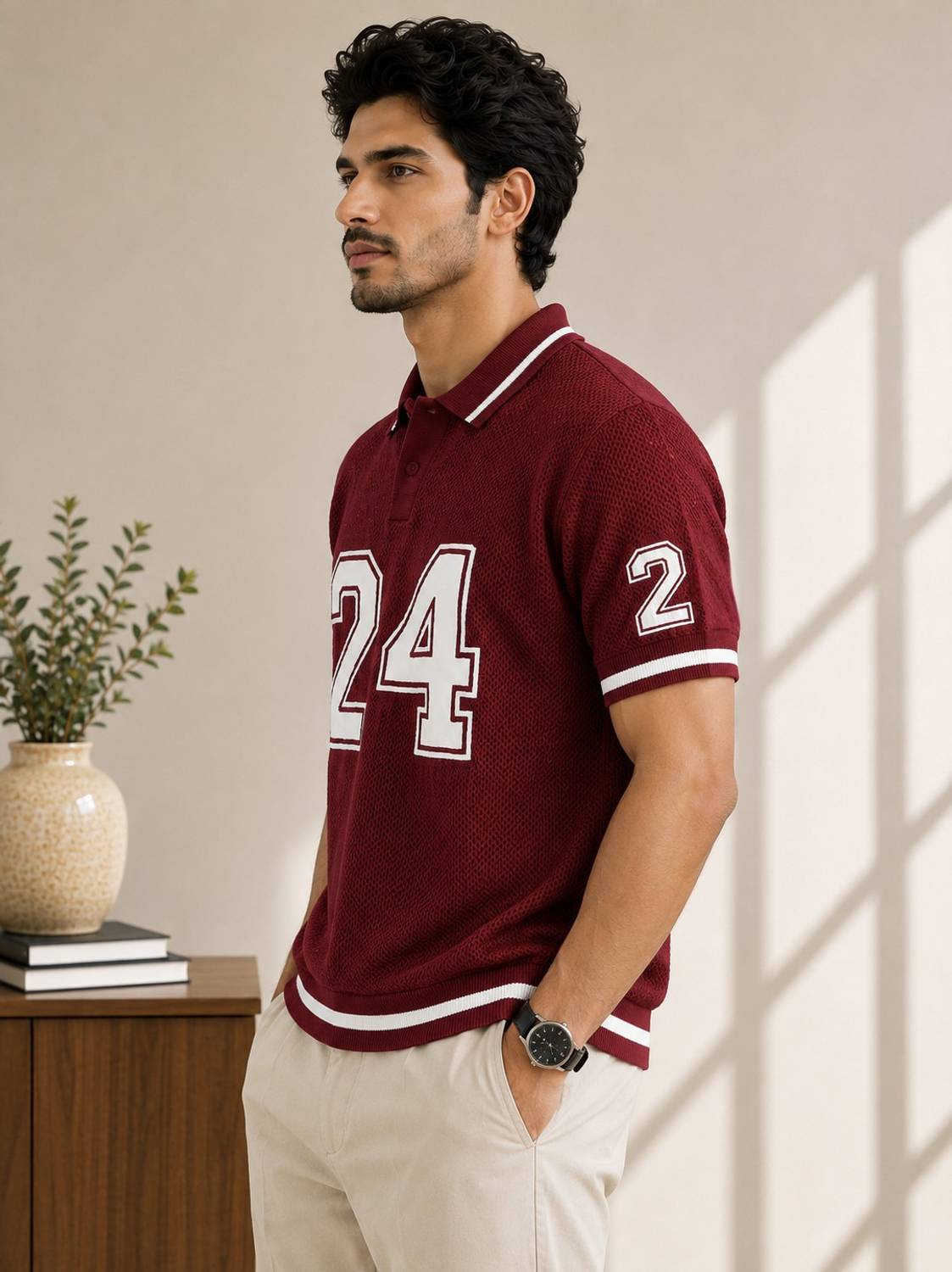 Typography Polo Neck Maroon T-Shirt - image 3