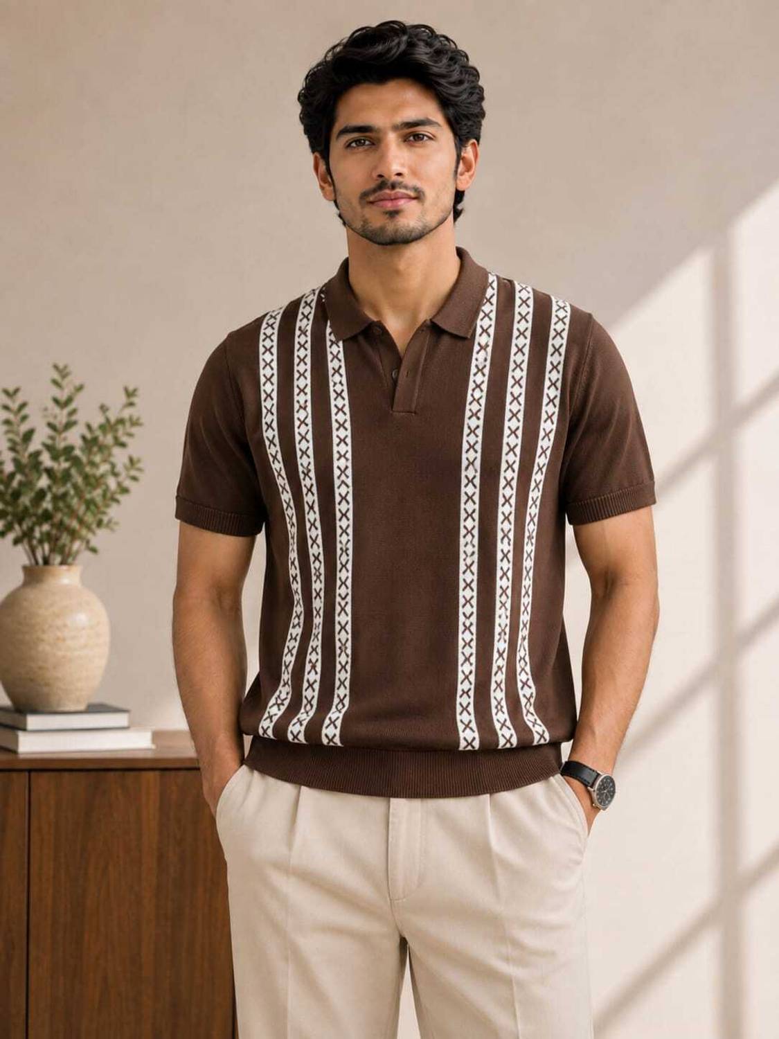 Graphic Print Polo Neck Brown T-Shirt - image 1