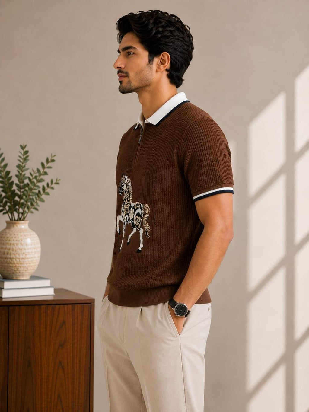 Conversational Polo Neck Brown T-Shirt - image 3