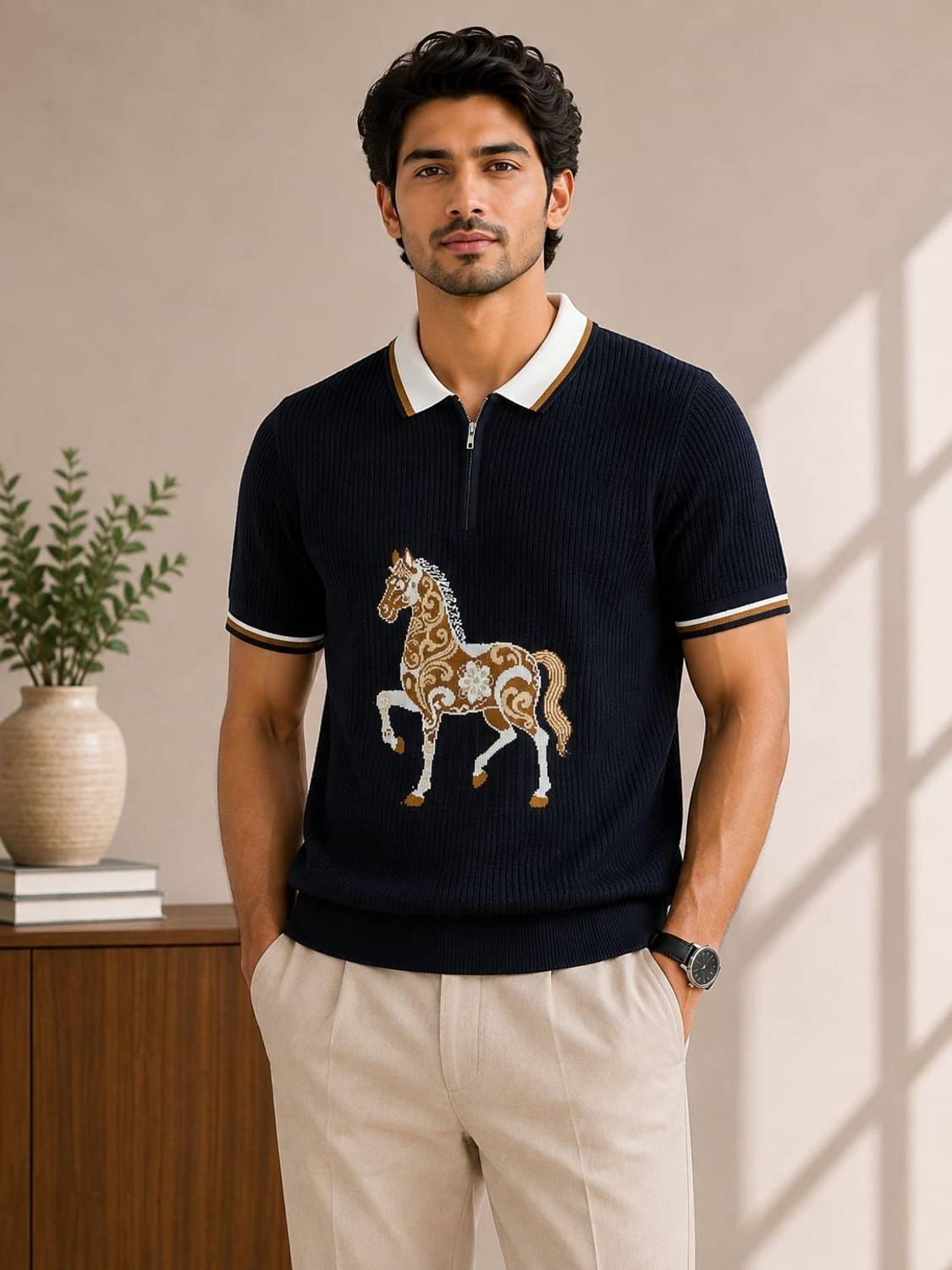 Conversational Polo Neck Navy Blue T-Shirt - image 1