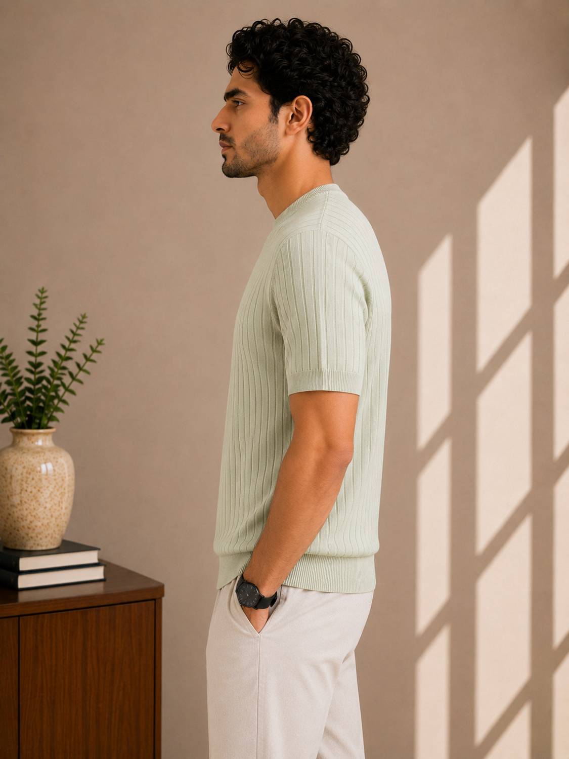 Printed Zip Neck Light Green T-Shirt - image 3