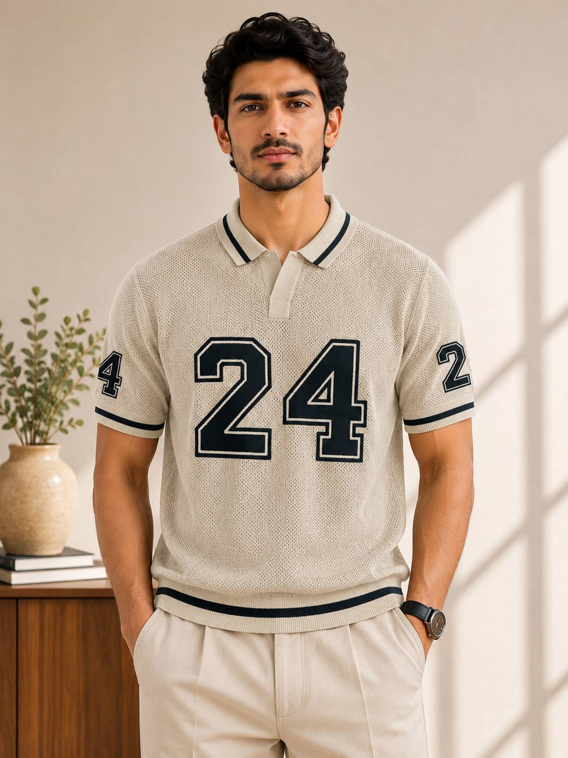 Typography Polo Neck Beige T-Shirt - image 1