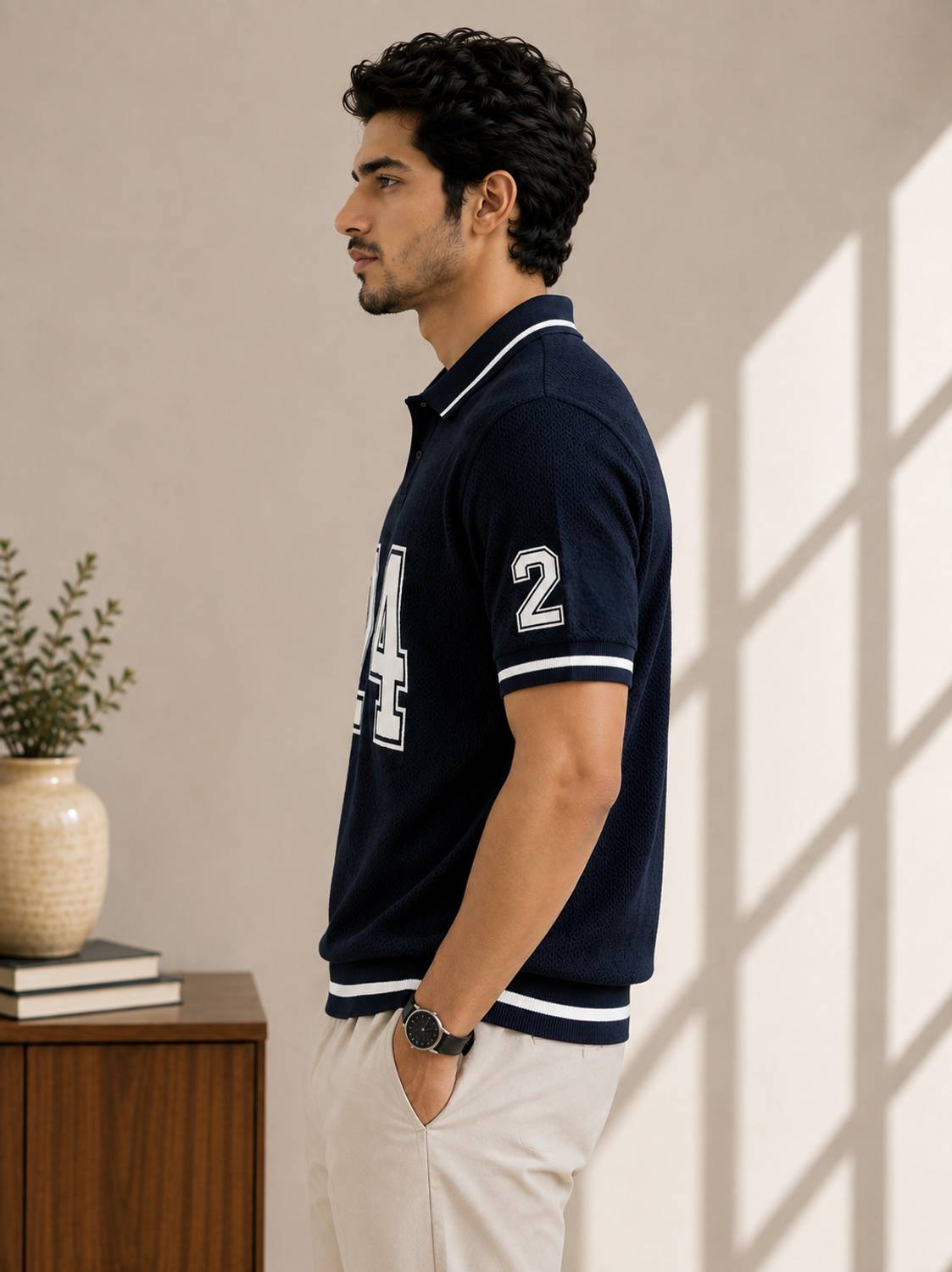 Typography Polo Neck Navy Blue T-Shirt - image 3