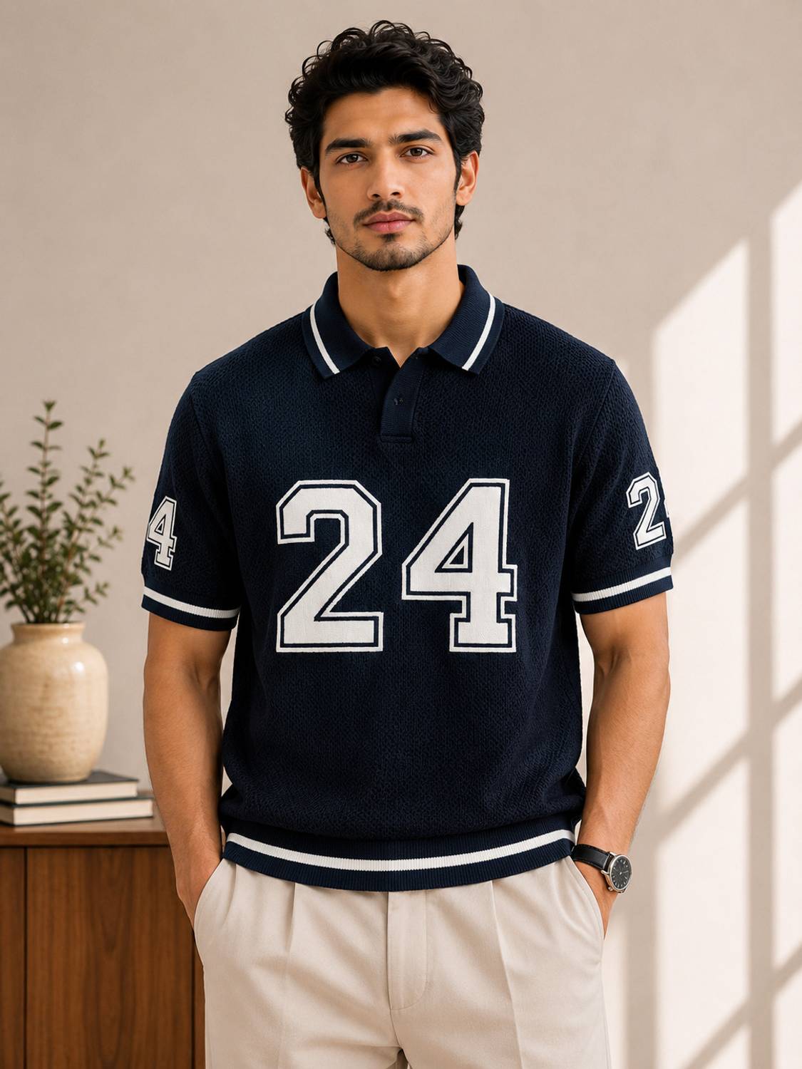 Typography Polo Neck Navy Blue T-Shirt - image 1