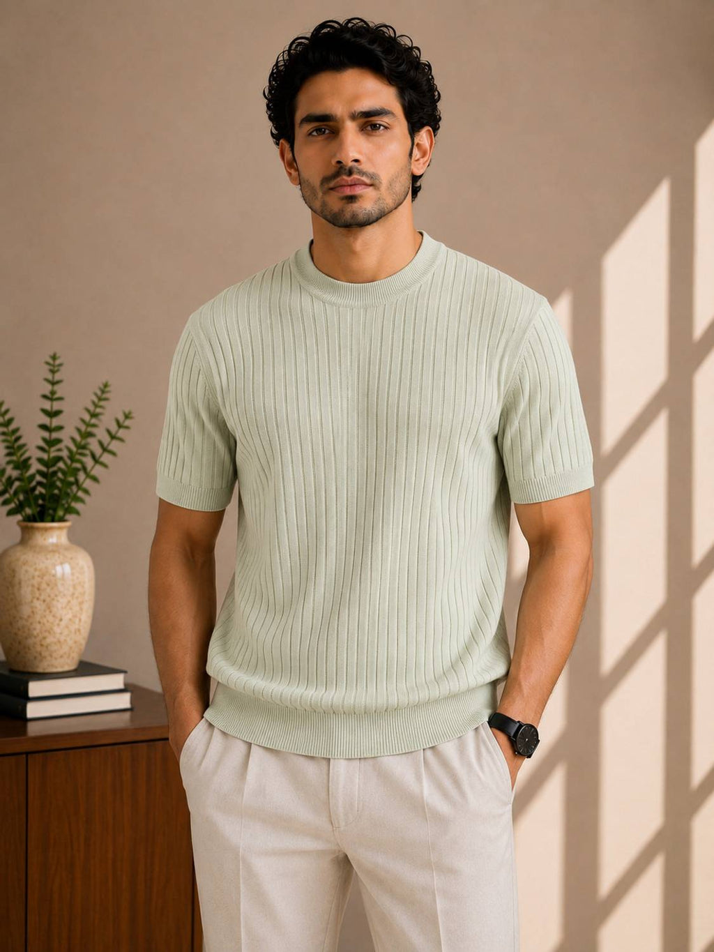 Printed Zip Neck Light Green T-Shirt - image 1
