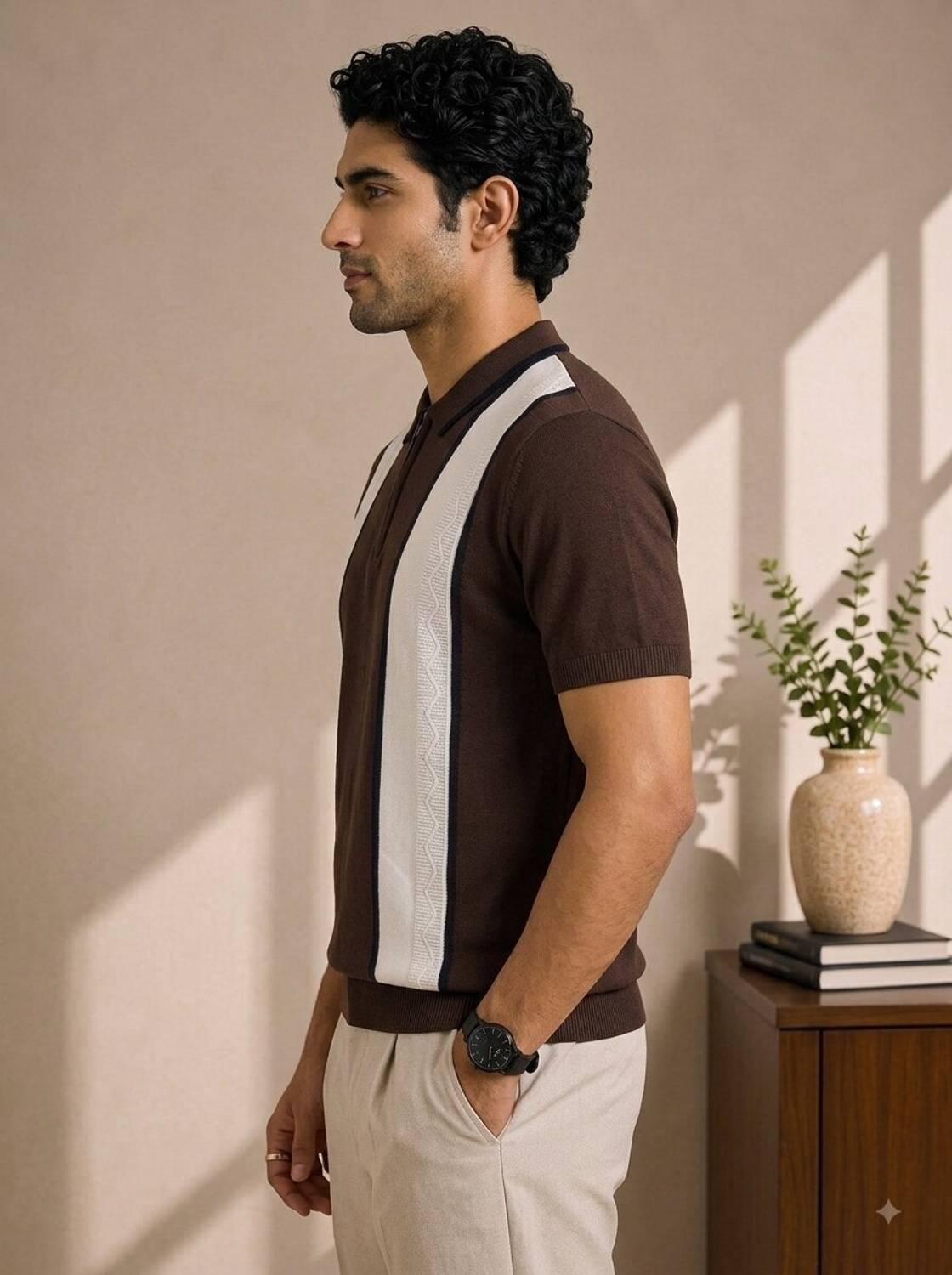 Striped Polo Neck Brown T-Shirt - image 3