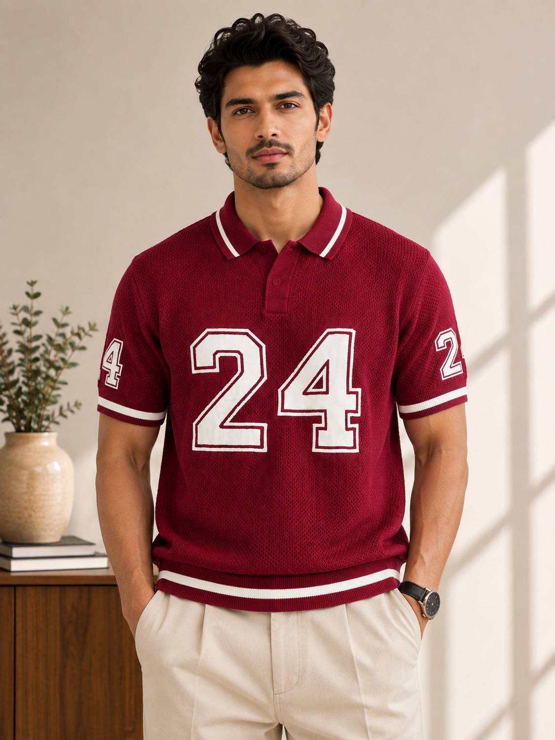 Typography Polo Neck Maroon T-Shirt - image 1