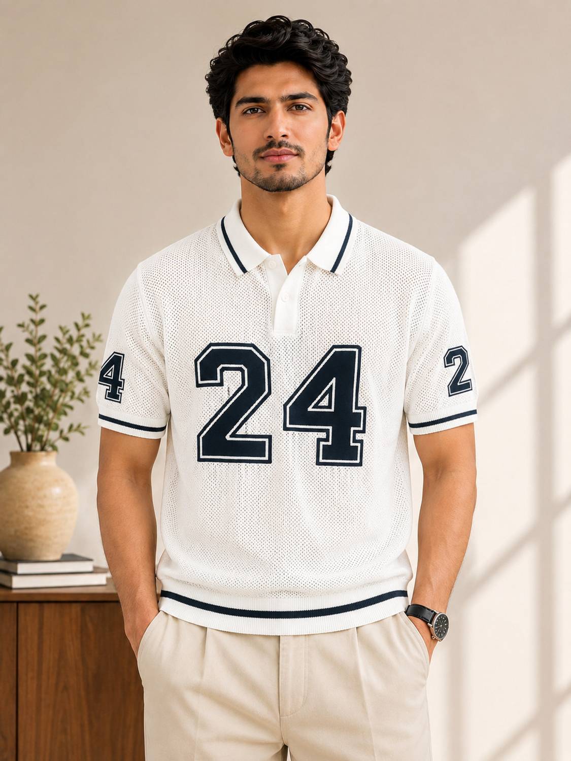 Embroidered Polo Neck White T-Shirt - image 1