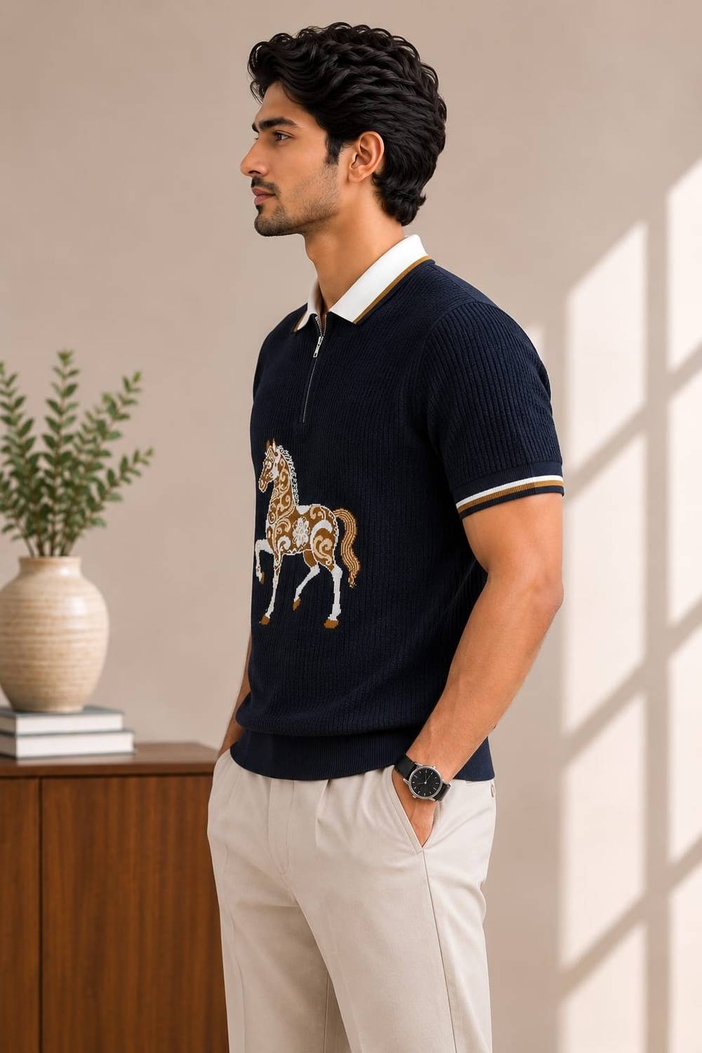 Conversational Polo Neck Navy Blue T-Shirt - image 3